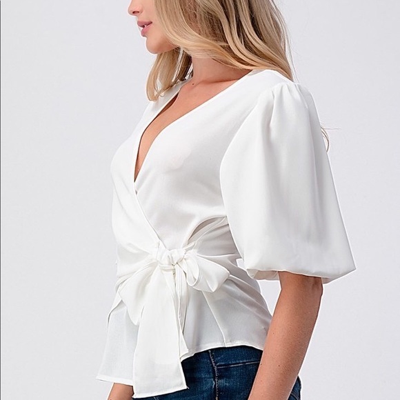 White Front Wrap Short Sleeve Top - Picture 5 of 5